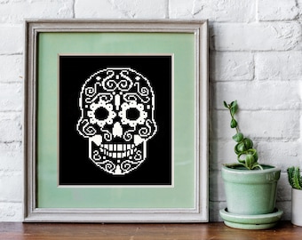 Modern cross stitch pattern, sugar gothic Skull embroidery design, county witchy horror PDF pattern, easy and simple cross stitch gift