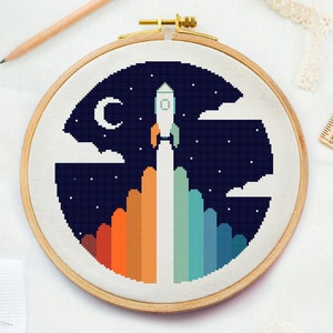 Space Rocket to the moon cross stitch pattern, Night sky embroidery design, Stars counted cross stitch Night xstitch beginner needlepoint