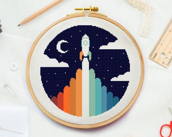 Space Rocket to the moon cross stitch pattern, Night sky embroidery design, Stars counted cross stitch Night xstitch beginner needlepoint