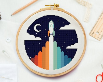Space Rocket to the moon cross stitch pattern, Night sky embroidery design, Stars counted cross stitch Night xstitch beginner needlepoint