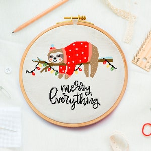 cross stitch pattern Christmas Sloth Merry Christmas xstitch Holiday Xmas counted cross stitch chart Christmas lights cute animal embroidery image 1