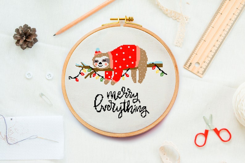 cross stitch pattern Christmas Sloth Merry Christmas xstitch Holiday Xmas counted cross stitch chart Christmas lights cute animal embroidery image 1