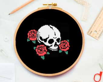 Sugar white Skull cross stitch pattern, gothic skull with rose embroidery design, county witchy horror PDF chart pattern