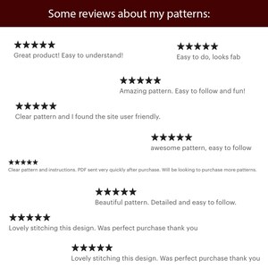 May include: Image displays customer reviews for patterns, featuring star ratings and positive comments like "Great product! Easy to understand!" and "Beautiful pattern. Detailed and easy to follow."