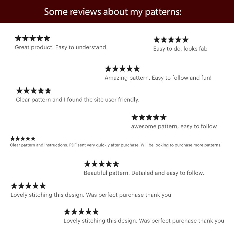 May include: Image displays customer reviews for patterns, featuring star ratings and positive comments like "Great product! Easy to understand!" and "Beautiful pattern. Detailed and easy to follow."