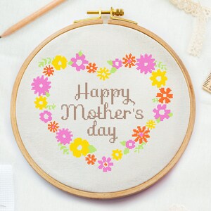 Flowers heart Mothers day Cross stitch, Mom cross stitch, Mother's Day cross, pink yellow cross stitch mother day, Flower Mothers day Cross image 1