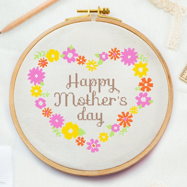 Flowers heart Mothers day Cross stitch, Mom cross stitch, Mother's Day cross, pink yellow cross stitch mother day,  Flower Mothers day Cross