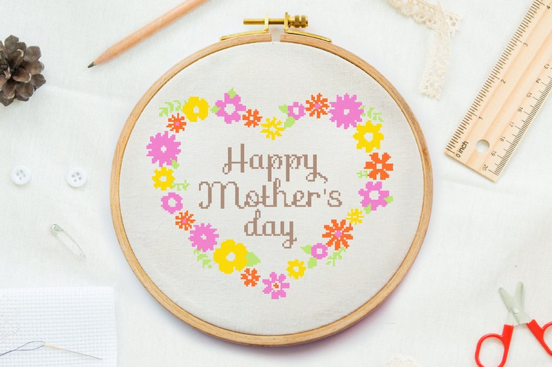 Flowers heart Mothers day Cross stitch, Mom cross stitch, Mother's Day cross, pink yellow cross stitch mother day, Flower Mothers day Cross image 1