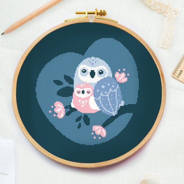 Mother's day gift Cross stitch pattern, Owl mom Cross embroidery chart, love family needlepoint scheme, mommy baby birds stitchery template