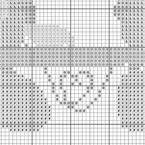 Op de afbeelding: Zwart-witte kruissteekpatroon met een hartvorm in het midden. Het hart wordt omringd door een cirkel van kleinere harten. Het patroon is op een witte achtergrond.