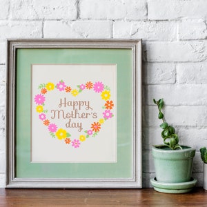 Flowers heart Mothers day Cross stitch, Mom cross stitch, Mother's Day cross, pink yellow cross stitch mother day, Flower Mothers day Cross image 2