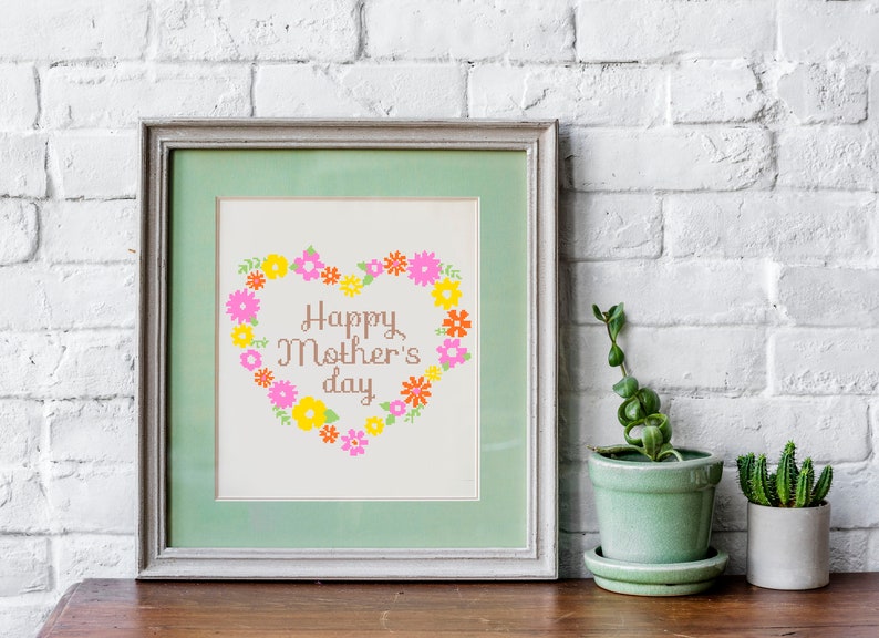 Flowers heart Mothers day Cross stitch, Mom cross stitch, Mother's Day cross, pink yellow cross stitch mother day, Flower Mothers day Cross image 2