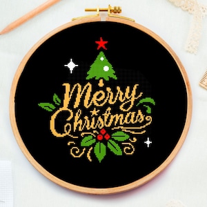 Christmas Cross stitch pattern | Merry Christmas Holiday text xstitch | counted New year embroidery chart | Christmas tree gift