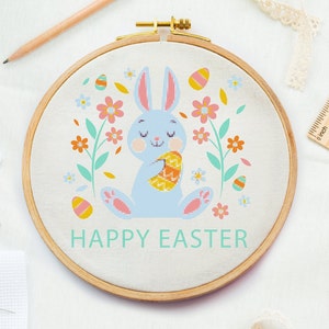 May include: A blue bunny holding an Easter egg surrounded by colourful flowers and eggs. The text "HAPPY EASTER" is written below the bunny.