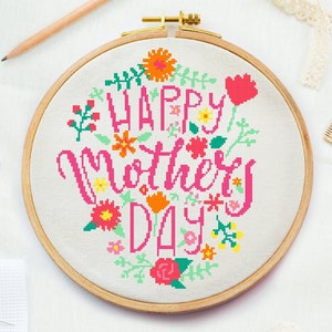 Flowers Mothers day Cross stitch pattern, Mom cross stitch, Happy mother&#39;s day cross, pink cross stitch mother&#39;s, mother cross stitch, gift