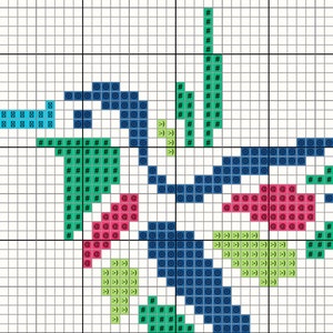May include: A cross-stitch pattern featuring a whimsical design with blue, green, and pink elements. The pattern includes symbols like circles, hashtags, and the emoticon :-). The design is set against a grid background, perfect for needlecraft enthusiasts.