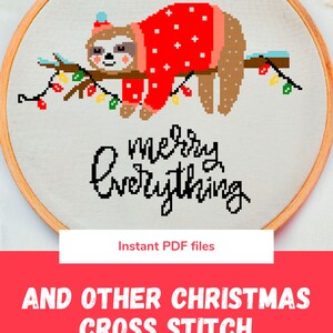cross stitch pattern Christmas Sloth Merry Christmas xstitch Holiday Xmas counted cross stitch chart Christmas lights cute animal embroidery image 5