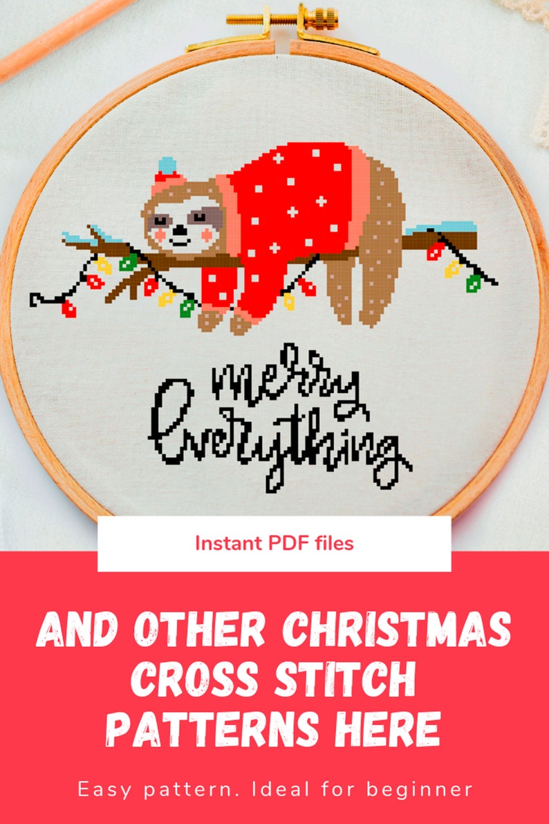 cross stitch pattern Christmas Sloth Merry Christmas xstitch Holiday Xmas counted cross stitch chart Christmas lights cute animal embroidery image 5