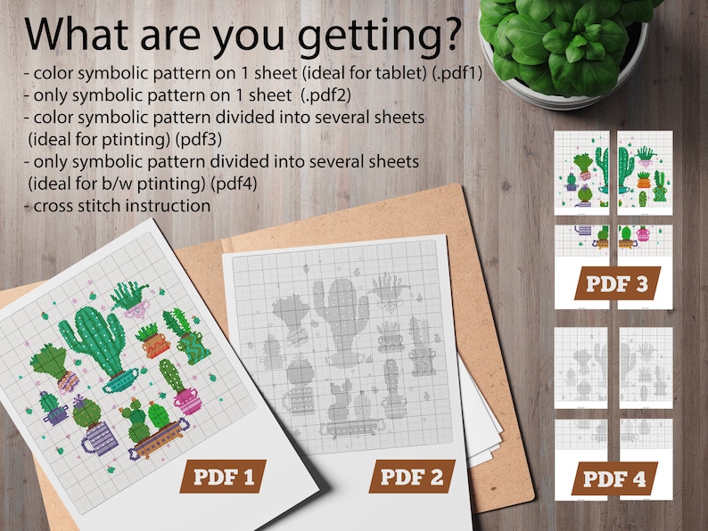 May include: A collection of cross-stitch patterns featuring cacti and succulents in various pots. The image includes PDF files labeled 1 through 4, with options for color and black-and-white printing. The text "What are you getting?" is at the top.