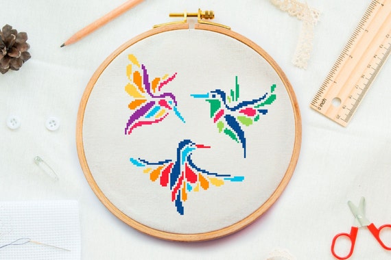 Modern birds cross stitch pattern, Easy and simple embroidery PDF DIY design Animal geometric xstitch chart, Birds for beginner cross stitch