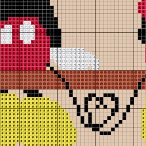 Op de afbeelding: Een pixel art kruissteekpatroon met een cartoonfiguur met een rode hoed, bruine schoenen en gele kleding. Het personage houdt een rood-wit gestreept voorwerp vast.