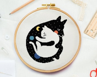Space Cross stitch pattern, Star night stitch pattern, Cat and dog Moon cross stitch, Space easy modern cross stitch pattern, beginner cross
