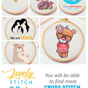 May include: A collection of cross-stitch patterns displayed in wooden hoops. Designs include a bear, a unicorn, penguins, and Winnie the Pooh. Text includes "We are FAMILY" and "Even SUPER HEROES need sleep". The shop name "Lovely STITCH" is also visible.