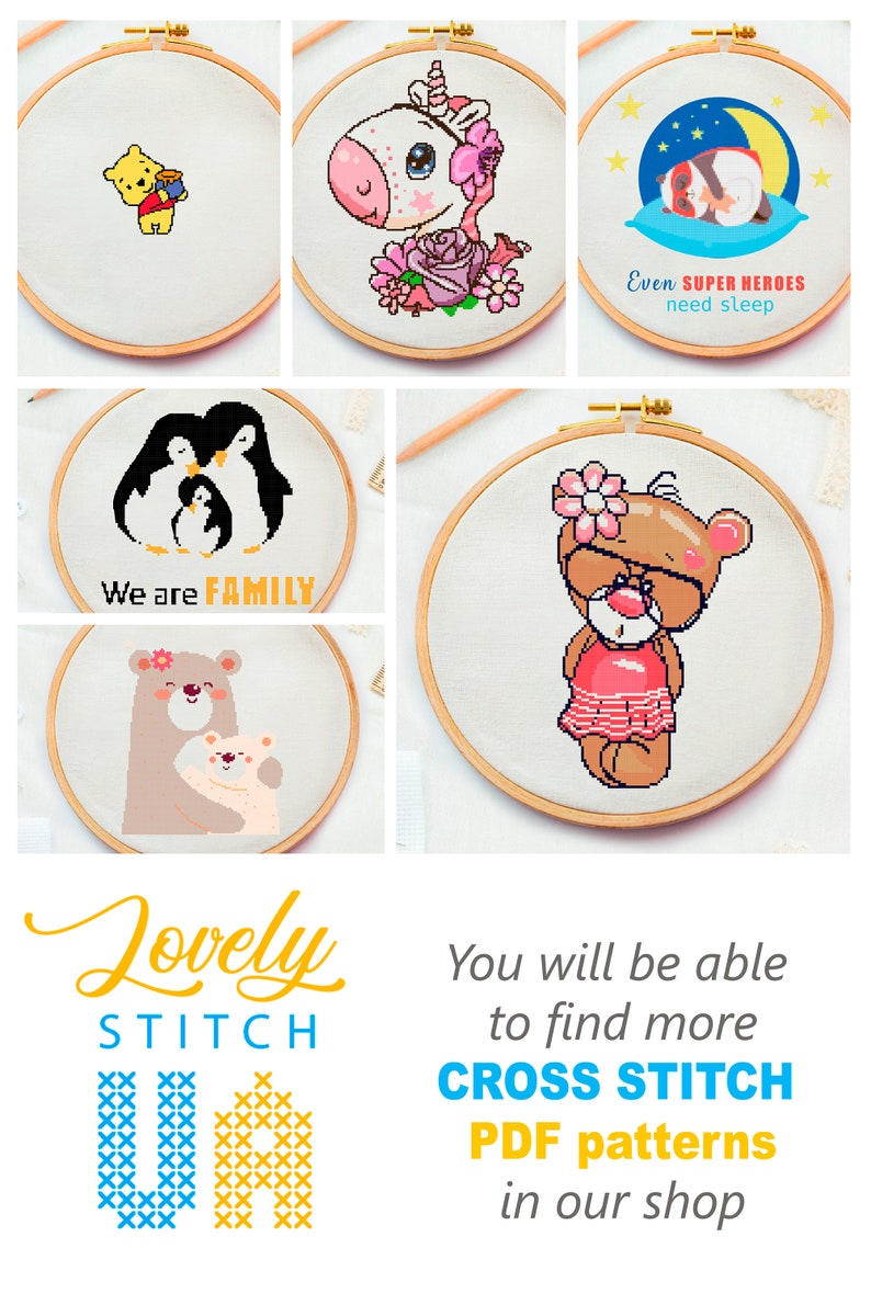 May include: A collection of cross-stitch patterns displayed in wooden hoops. Designs include a bear, a unicorn, penguins, and Winnie the Pooh. Text includes "We are FAMILY" and "Even SUPER HEROES need sleep". The shop name "Lovely STITCH" is also visible.