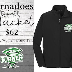 May include: Black softshell jacket with a green and white tornado logo that says "Turner Tornadoes".