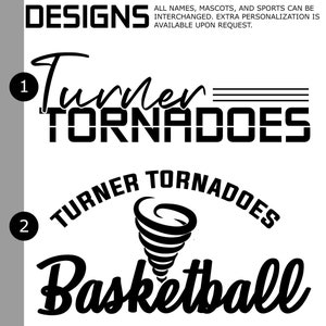Puede incluir: Dos dise&ntilde;os en blanco y negro para un equipo deportivo llamado "Turner Tornadoes". El primer dise&ntilde;o presenta el nombre del equipo en una fuente en negrita y estilizada. El segundo dise&ntilde;o presenta un gr&aacute;fico de tornado estilizado con el nombre del equipo y la palabra "Basketball" en una fuente en negrita y estilizada.