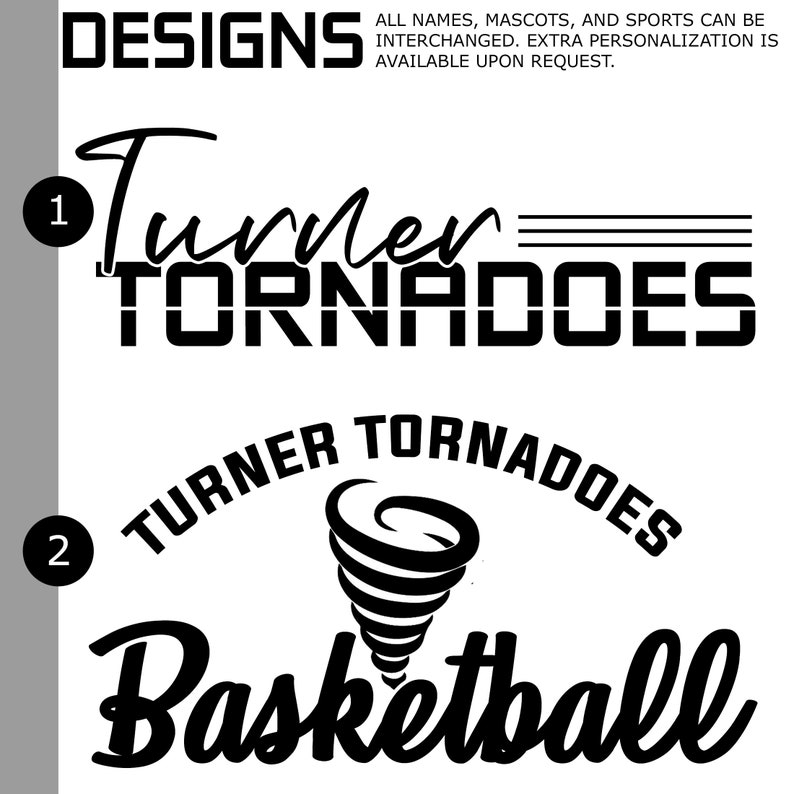 Puede incluir: Dos dise&ntilde;os en blanco y negro para un equipo deportivo llamado "Turner Tornadoes". El primer dise&ntilde;o presenta el nombre del equipo en una fuente en negrita y estilizada. El segundo dise&ntilde;o presenta un gr&aacute;fico de tornado estilizado con el nombre del equipo y la palabra "Basketball" en una fuente en negrita y estilizada.