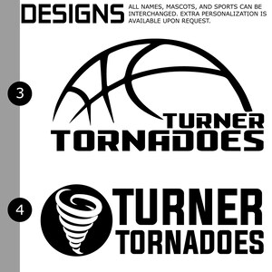 Puede incluir: Dos dise&ntilde;os de logo en blanco y negro para un equipo deportivo llamado "Turner Tornadoes". El primer logo presenta una pelota de baloncesto con el nombre del equipo debajo. El segundo logo presenta un tornado con el nombre del equipo debajo.