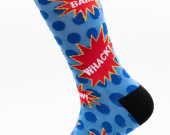 May include: Blue socks with a polka dot pattern and red and yellow comic book style speech bubbles that say "BAM!" and "WHACK!"