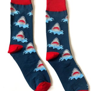 Shark Jumps Crew Socks | Fun Socks | Cool Socks | Crazy Socks | Shark Ocean | Funky Socks | Men&#39;s Socks | Shark Theme Gift Idea
