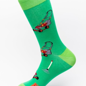 Lawn Mower Crew Socks | Fun Socks | Cool Socks | Awesome Socks | Yard Socks | Groom Socks | Funky Socks | Men&#39;s Socks | Garden | Rake