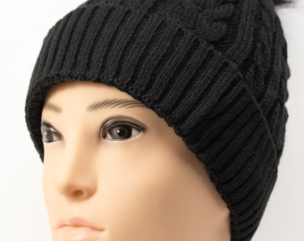 Cable Knit Black Toque Adult | Women's Beanie Hat | Pom Pom Chunky Warm Winter Toque for Her | Cold Weather Accessories
