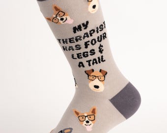 Women's My Therapist Has Four Legs and a Tail Crew Socks | Fun Socks | Cool Socks | Crazy Socks | Dog Socks | Dog Theme Gift Idea