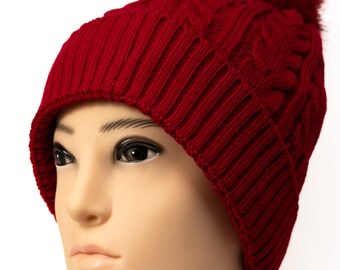 Cable Knit Red Toque Adult | Women's Beanie Hat | Pom Pom Chunky Warm Winter Toque for Her | Cold Weather Accessories