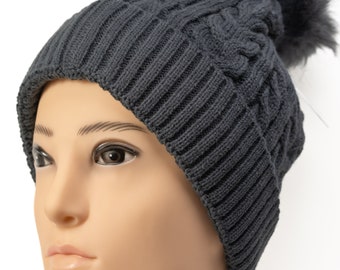 Cable Knit Ink Toque Adult | Women's Beanie Hat | Pom Pom Chunky Warm Winter Toque for Her | Cold Weather Accessories