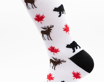 Canada Moose, Bear, Maple Leaf Socks | Hunting Socks | Forest Socks | Awesome Socks | Crazy Socks | Groom Socks | Funky Socks