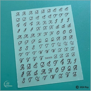 Escrita cursiva 26 letras alfabeto latino inglês letras maiúsculas adesivos de unhas unidos escrita autoadesiva decalques de arte de unhas adesivos s8a