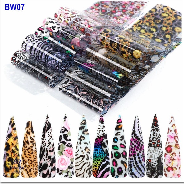 Nail Foil Transfer Stickers Leopard Print Rose Flowers Adhesive Acrylic Holographic  (Clear Base) BW07