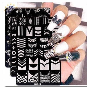 French Tip Nail Metal Nail Stamping Plate Plaid Angel Queen Hearts Rose Butterfly Nail Art Decals SWSeries