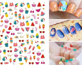 Ice Cream Summer Beach Nail Art Stickers Decals Cool Drink Swimsuit Hawaii Drink Tropic Fruit Leaf Shell Sea Flamingo Self Adhesive WGSA