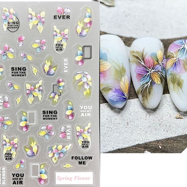 Spring Flowers Nail Art Stickers Colorful Daisy Lily Cherry Flower Blue Camellia Extra Thin Self Adhesive Nail Art Decal S3NO