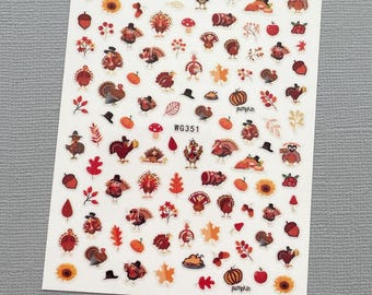 Fall Leaf Turkey Nail Stickers Pumpkin Maple Thanksgiving Autumn live Harvest Season Acorn Fruit Drinks Self Adhesive Nails Art Decals ADs
