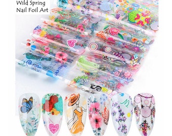 Nail Foil Transfer Blue Spring Flowers Lady Women Portrait Hearts Rose Butterfly Dream 57XK200640