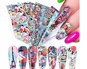 Graffiti Fun Nail Foil Transfers Letters Red Lips Tartan American Culture (10Pcs 20X4cm) 61XK4122