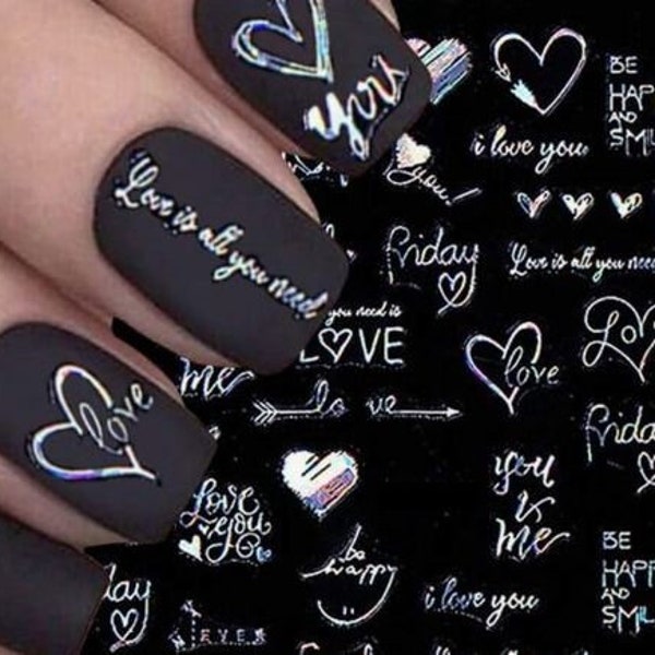 Word Letter Love Hearts Nail Art Stickers Valentines Silver Gold Heart Black White Self-Adhesive Nail Art Decals (5 Colors)  MeSA