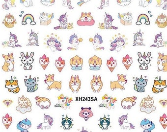 Unicorn Horse Kid Nail Art Stickers Pony Rainbow Corgi Dogs Stars Ice Cream Self-Adhesive Nail Art Decals Stickers WGSA